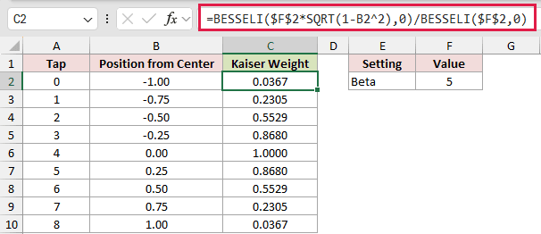 =BESSELI($F$2*SQRT(1-B2^2),0)/BESSELI($F$2,0) in C2