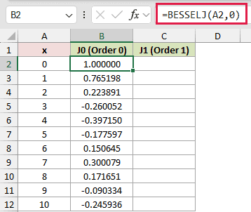 =BESSELJ(A2,0) in B2