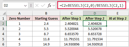 =C2+BESSELJ(C2,0)/BESSELJ(C2,1) in D2