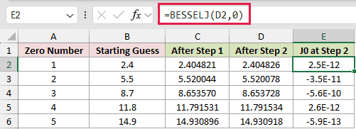 =BESSELJ(D2,0) in E2