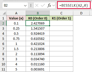 =BESSELK(A2,0) in B2