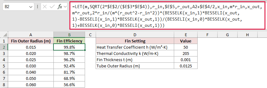 =LET(m,SQRT(2*$E$2/($E$3*$E$4)),r_in,$E$5,r_out,A2+$E$4/2,x_in,m*r_in,x_out,m*r_out,2*r_in/(m*(r_out^2-r_in^2))*(BESSELK(x_in,1)*BESSELI(x_out,1)-BESSELI(x_in,1)*BESSELK(x_out,1))/(BESSELI(x_in,0)*BESSELK(x_out,1)+BESSELK(x_in,0)*BESSELI(x_out,1))) in B2