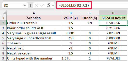=BESSELK(B2,C2) in D2