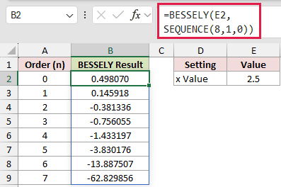=BESSELY(E2,SEQUENCE(8,1,0)) in B2