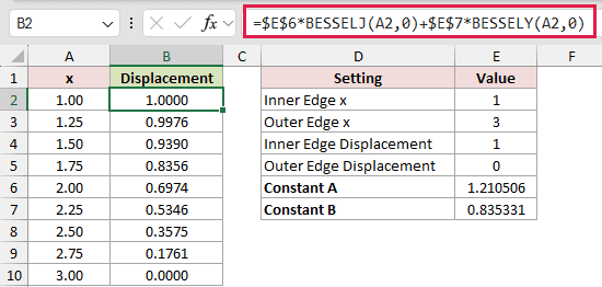 =$E$6*BESSELJ(A2,0)+$E$7*BESSELY(A2,0) in B2