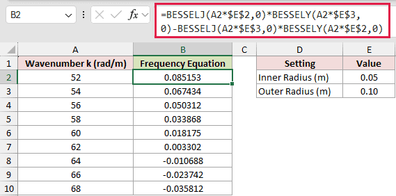 =BESSELJ(A2*$E$2,0)*BESSELY(A2*$E$3,0)-BESSELJ(A2*$E$3,0)*BESSELY(A2*$E$2,0) in B2