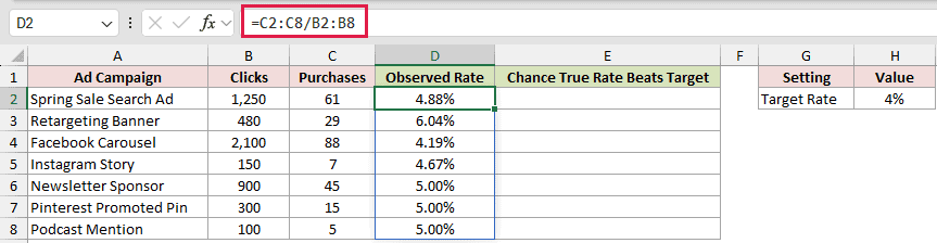 =C2:C8/B2:B8 in D2