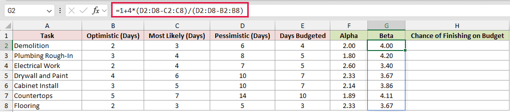 =1+4*(D2:D8-C2:C8)/(D2:D8-B2:B8) in G2