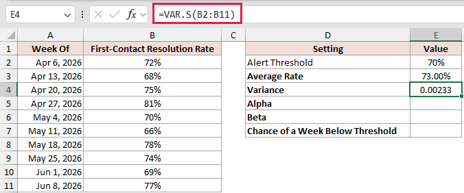 =VAR.S(B2:B11) in E4