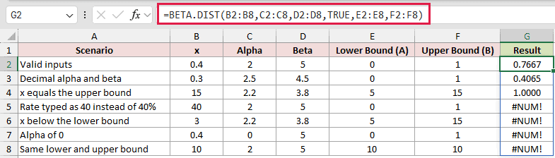 =BETA.DIST(B2:B8,C2:C8,D2:D8,TRUE,E2:E8,F2:F8) in G2