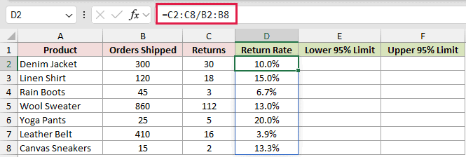 =C2:C8/B2:B8 in D2