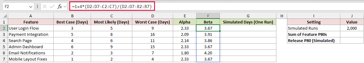 =1+4*(D2:D7-C2:C7)/(D2:D7-B2:B7) in F2