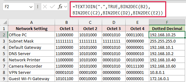 =TEXTJOIN(".",TRUE,BIN2DEC(B2),BIN2DEC(C2),BIN2DEC(D2),BIN2DEC(E2)) in F2