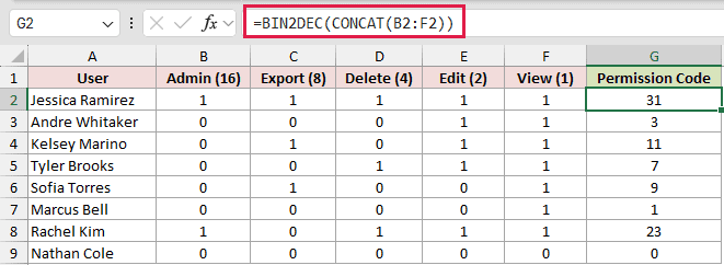 =BIN2DEC(CONCAT(B2:F2)) in G2