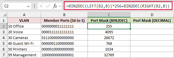 =BIN2DEC(LEFT(B2,8))*256+BIN2DEC(RIGHT(B2,8)) in C2