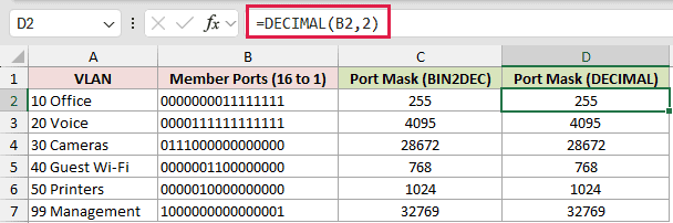 =DECIMAL(B2,2) in D2