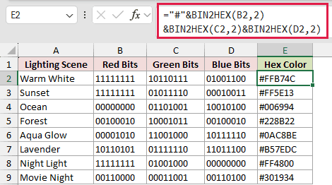="#"&BIN2HEX(B2,2)&BIN2HEX(C2,2)&BIN2HEX(D2,2) in E2
