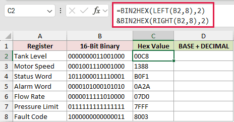 =BIN2HEX(LEFT(B2,8),2)&BIN2HEX(RIGHT(B2,8),2) in C2