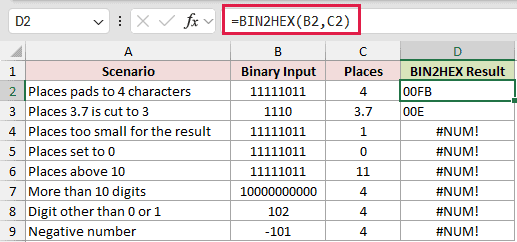 =BIN2HEX(B2,C2) in D2