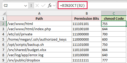 =BIN2OCT(B2) in C2