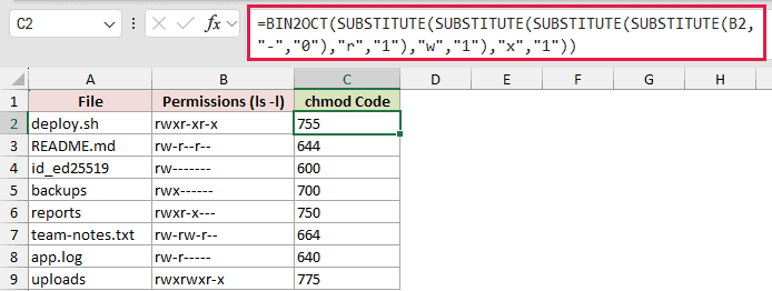 =BIN2OCT(SUBSTITUTE(SUBSTITUTE(SUBSTITUTE(SUBSTITUTE(B2,"-","0"),"r","1"),"w","1"),"x","1")) in C2