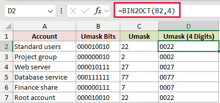 =BIN2OCT(B2,4) in D2
