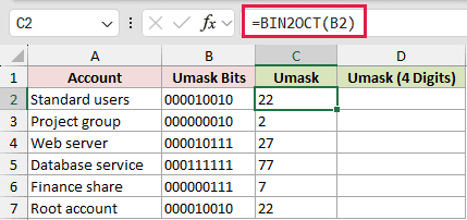 =BIN2OCT(B2) in C2