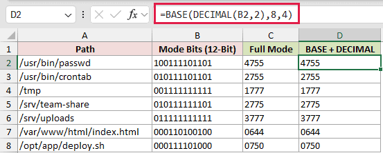 =BASE(DECIMAL(B2,2),8,4) in D2