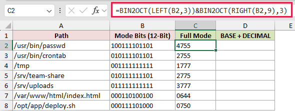 =BIN2OCT(LEFT(B2,3))&BIN2OCT(RIGHT(B2,9),3) in C2