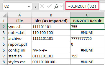 =BIN2OCT(B2) in C2