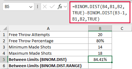 =BINOM.DIST(B4,B1,B2,TRUE)-BINOM.DIST(B3-1,B1,B2,TRUE) in B5