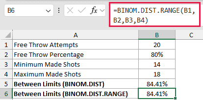 =BINOM.DIST.RANGE(B1,B2,B3,B4) in B6