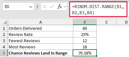 =BINOM.DIST.RANGE(B1,B2,B3,B4) in B5