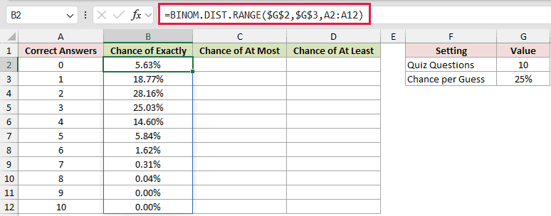 =BINOM.DIST.RANGE($G$2,$G$3,A2:A12) in B2