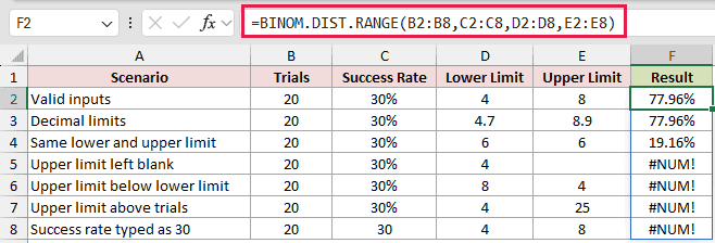 =BINOM.DIST.RANGE(B2:B8,C2:C8,D2:D8,E2:E8) in F2
