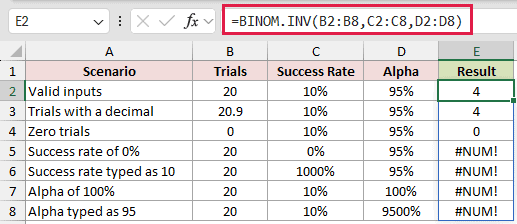 =BINOM.INV(B2:B8,C2:C8,D2:D8) in E2