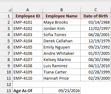 Employee list with dates of birth in column C and the as-of date in B13