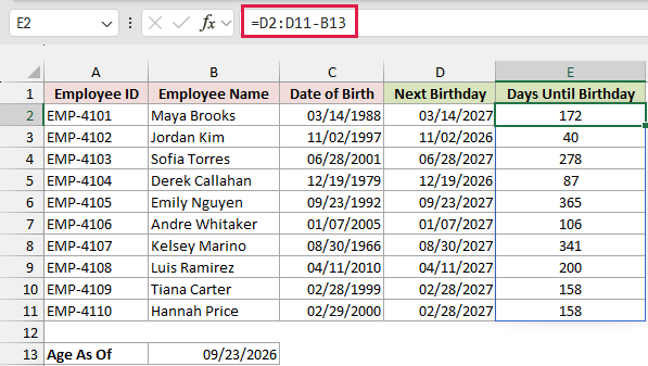 Formula in E2 spills the number of days until each employee's next birthday