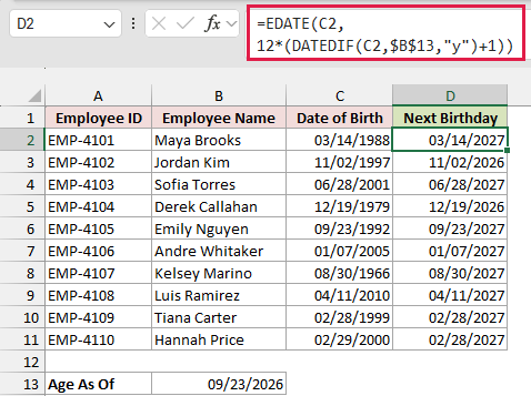 EDATE and DATEDIF formula in D2 returns each employee's next birthday