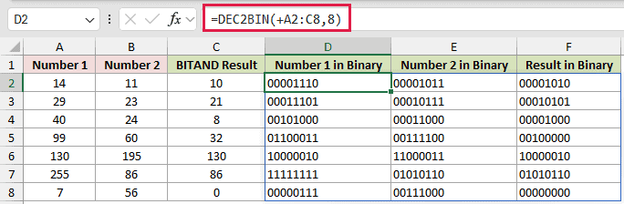 =DEC2BIN(+A2:C8,8) in D2