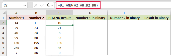 =BITAND(A2:A8,B2:B8) in C2