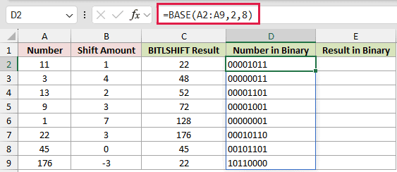=BASE(A2:A9,2,8) in D2