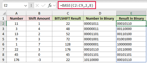 =BASE(C2:C9,2,8) in E2