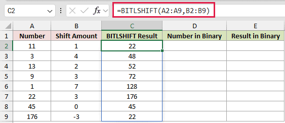 =BITLSHIFT(A2:A9,B2:B9) in C2