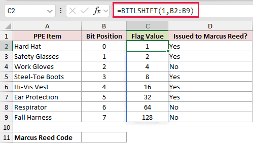 =BITLSHIFT(1,B2:B9) in C2