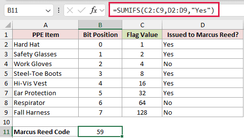 =SUMIFS(C2:C9,D2:D9,"Yes") in B11