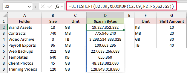 =BITLSHIFT(B2:B9,XLOOKUP(C2:C9,F2:F5,G2:G5)) in D2