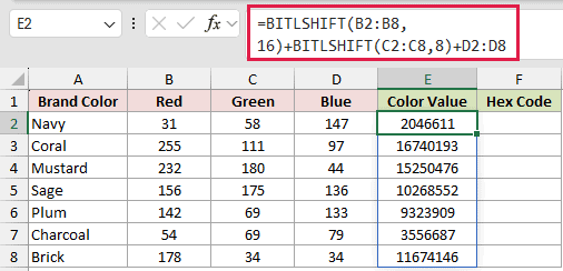 =BITLSHIFT(B2:B8,16)+BITLSHIFT(C2:C8,8)+D2:D8 in E2