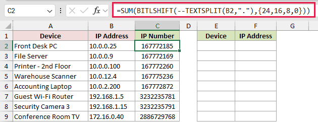=SUM(BITLSHIFT(--TEXTSPLIT(B2,"."),{24,16,8,0})) in C2