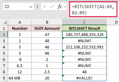 =BITLSHIFT(A2:A9,B2:B9) in C2